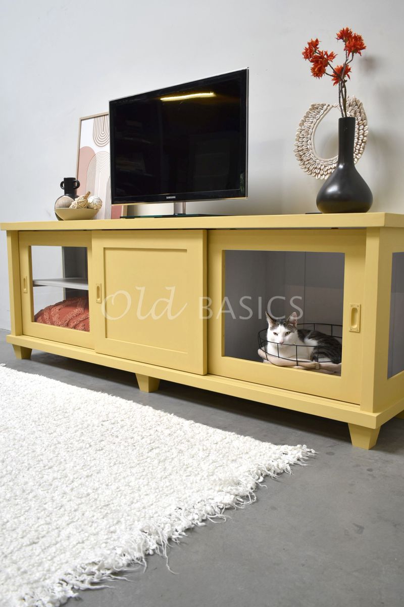 Detail van Dressoir Bordeaux Novi, 3 deuren, RAL1002, geel, materiaal hout